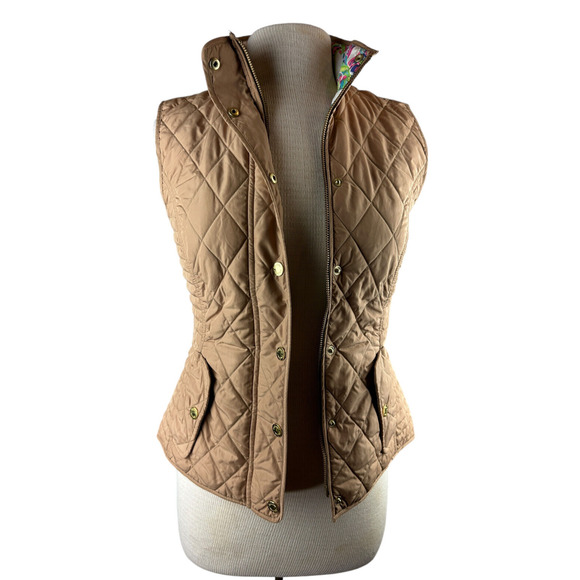 Lilly Pulitzer Quilted Vest Full Zip Up Snap Tan Printed Lining Women's Size XS - Picture 9 of 13